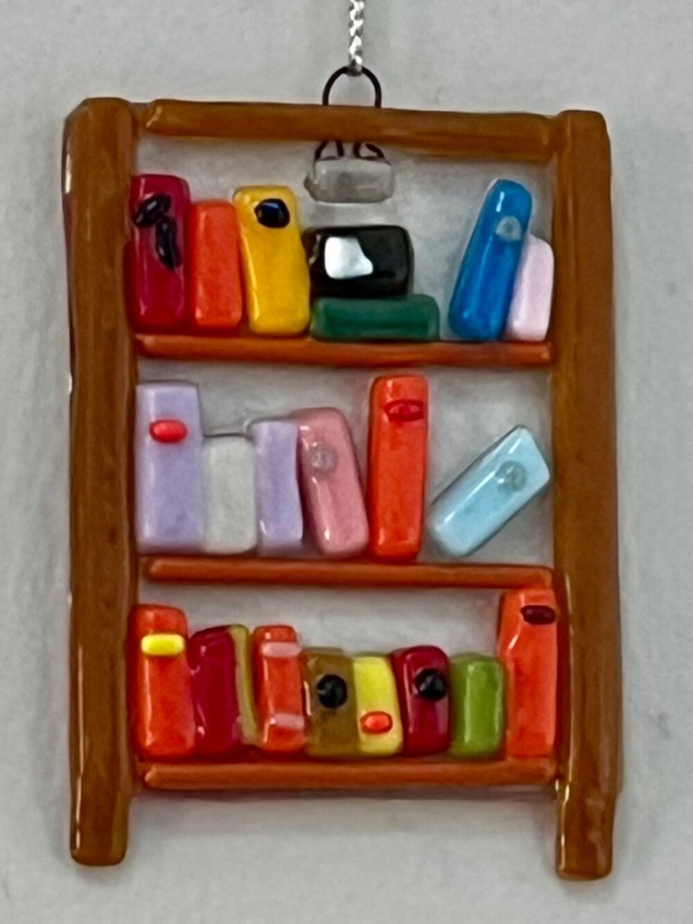 Miniature Handmade Colorful Fused Glass Bookshelf Wall Hanging Suncatcher 2x2.5"
